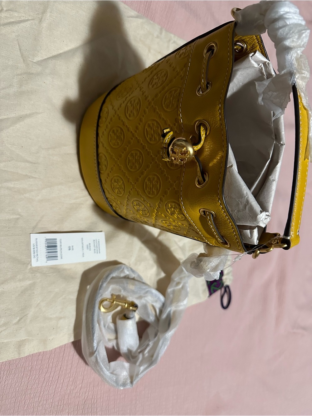 Tory Burch Yellow Patent Leather Mini Bucket Bag with Embossed Logo - Picture 4 of 7
